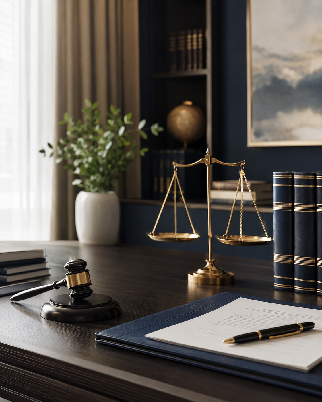 Legal office desk with books, documents and scales